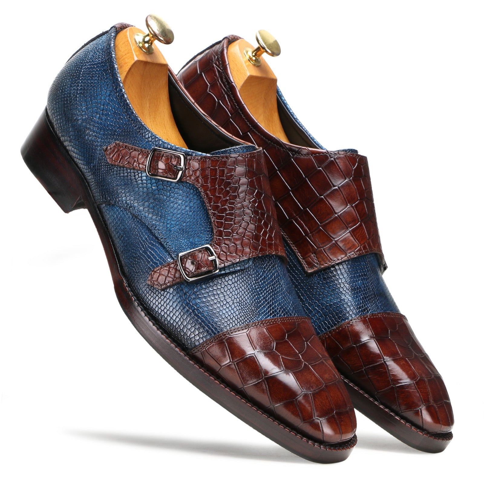 Escaro Royale Handmade Premium Monk Shoes (Neyson, Blue-Brown)